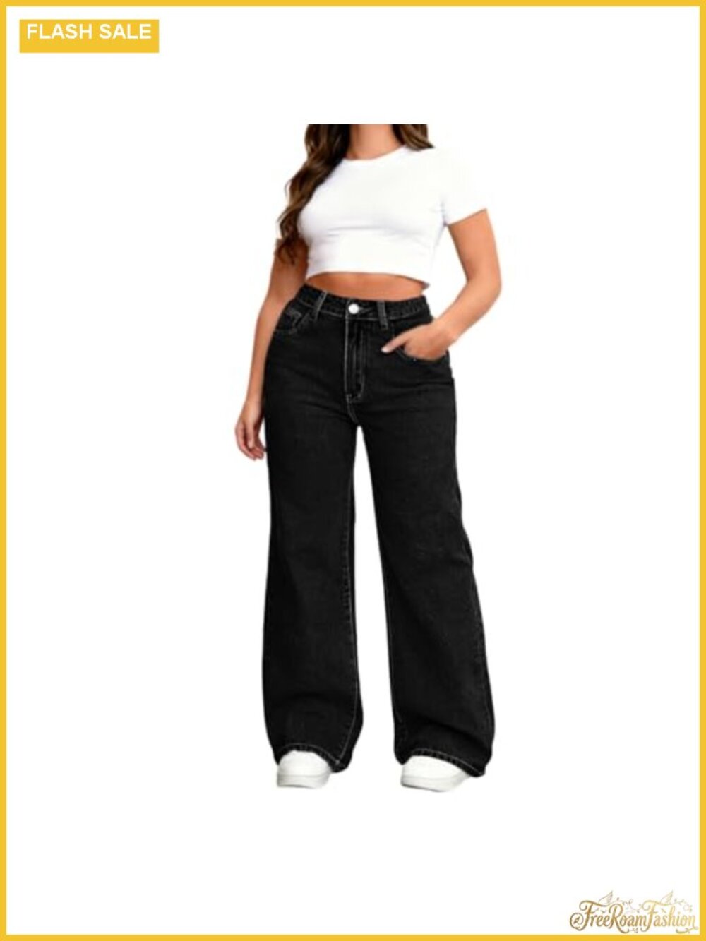 Women's Plus Size High Waist Wide Leg Stretch Jeans Straight Leg Denim Pants - Picture 3 of 5